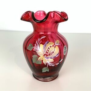Fenton Cranberry Optic Vase Handpainted Flowers Signed D Cutshaw Vtg Ruffle Edge